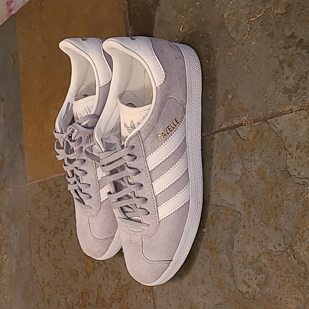 Adidas Gazelles, Grey Suede/White Leather/Metallic Gold. Women's 9, Men's 8